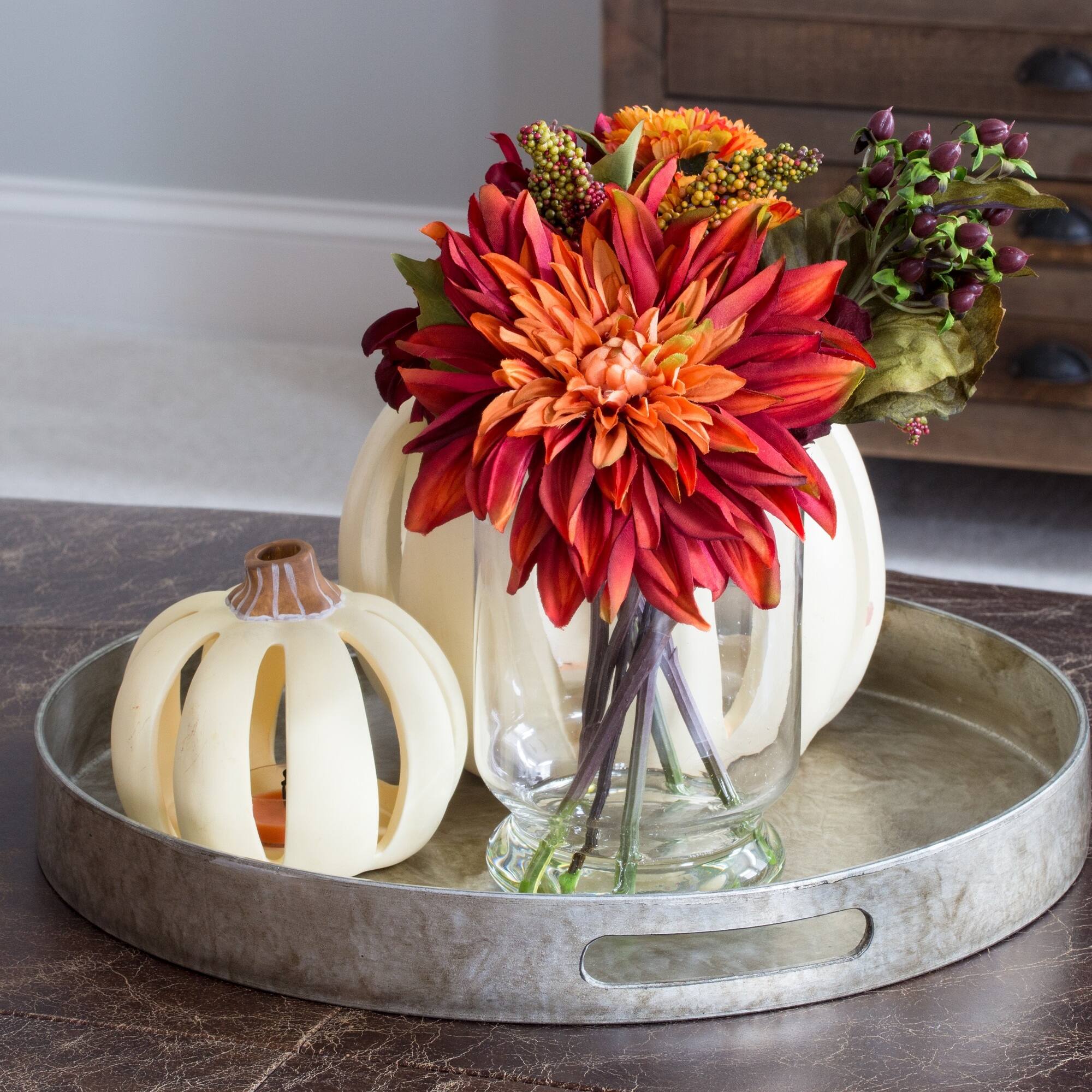 12" Dahlia & Mum Arrangement with Glass Vase
